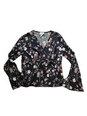 Y2K Fashion Bug Floral Wrap Top Bell Sleeve Fairycore Tie Waist Sz L